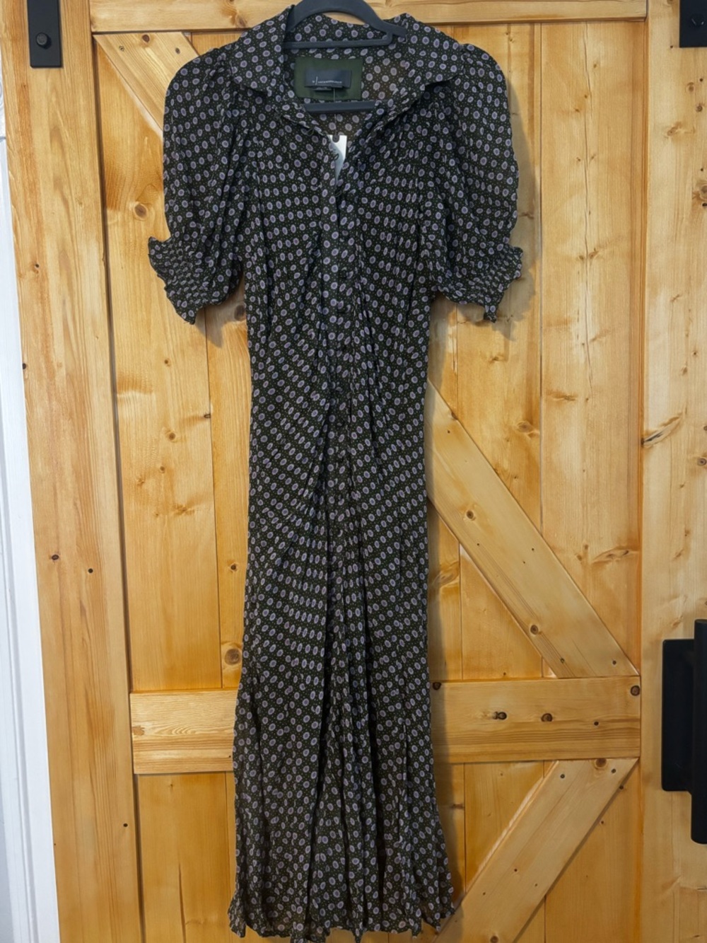 NWT By Anthropologie Button Front Puff Sleeve  Midi Dress - Moss Green Floral 0‎